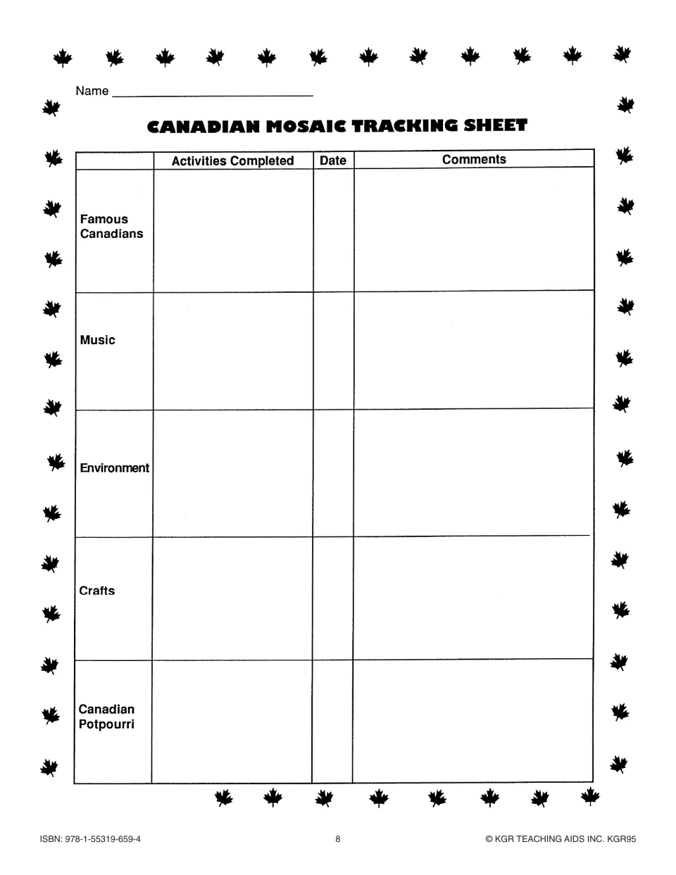 Student tracking sheet for famous Canadians, music, environment, crafts, and Canadian potpourri activities