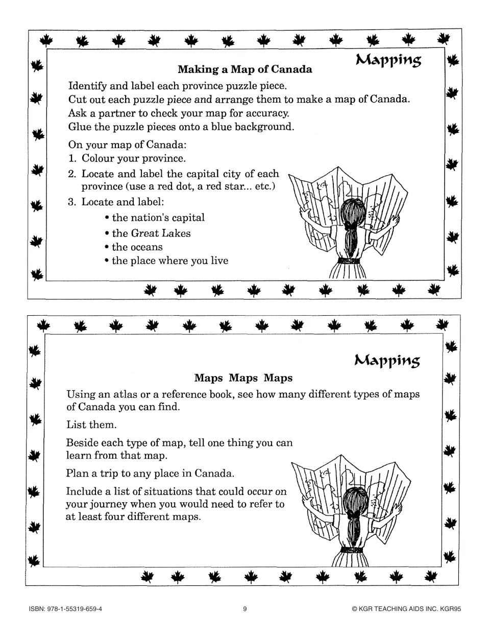 Two mapping activity cards: assemble and label a Canada puzzle map, then explore map types and plan a trip