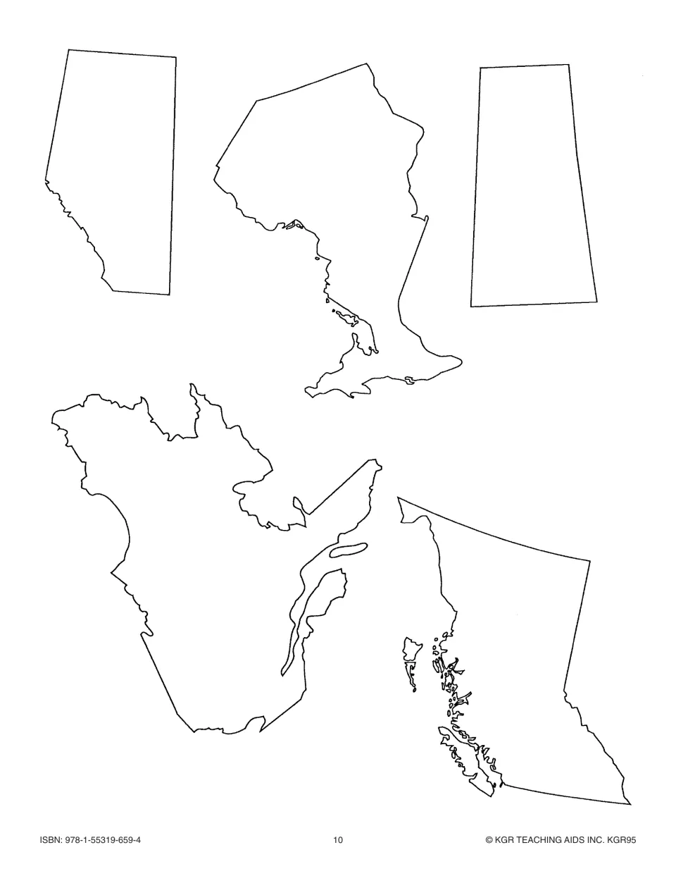 Canada map puzzle pieces to cut out and label: Alberta, Ontario, Saskatchewan, Quebec, and British Columbia