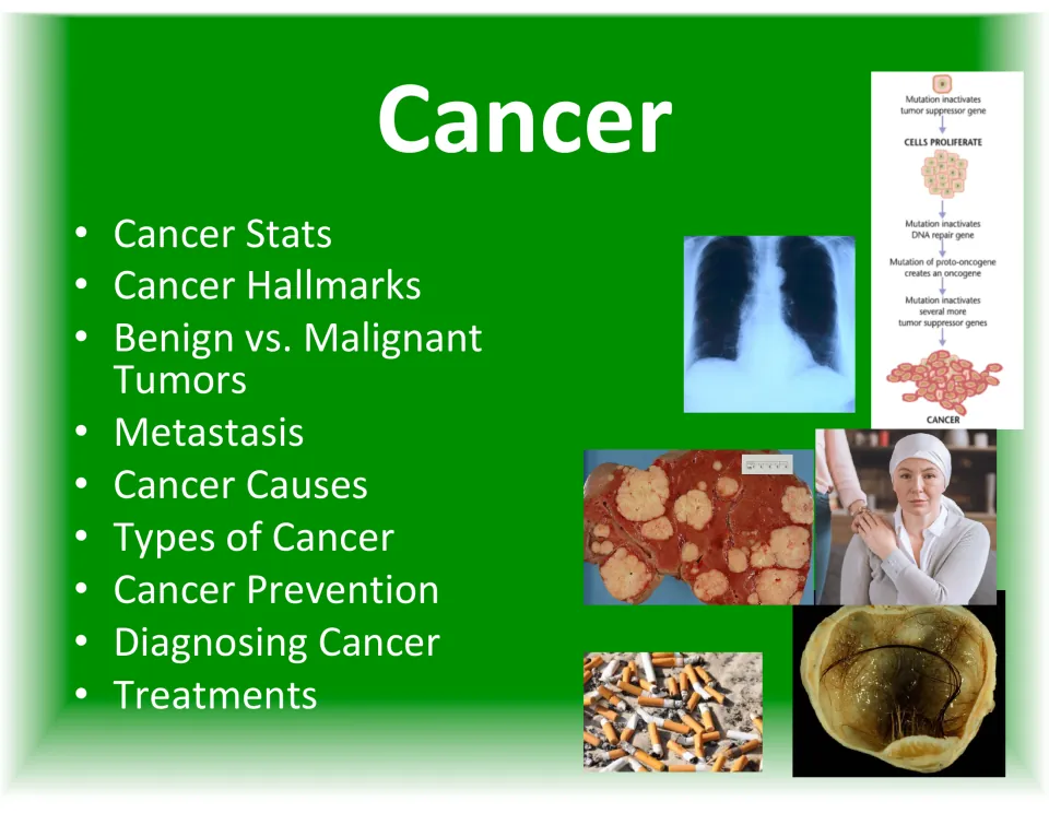 Cancer lesson cover listing statistics, hallmarks, tumors, metastasis, causes, prevention, and treatments