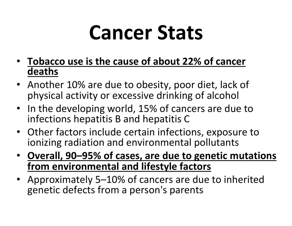 Cancer statistics slide lists tobacco use, lifestyle factors, infections, and inherited genetic defects