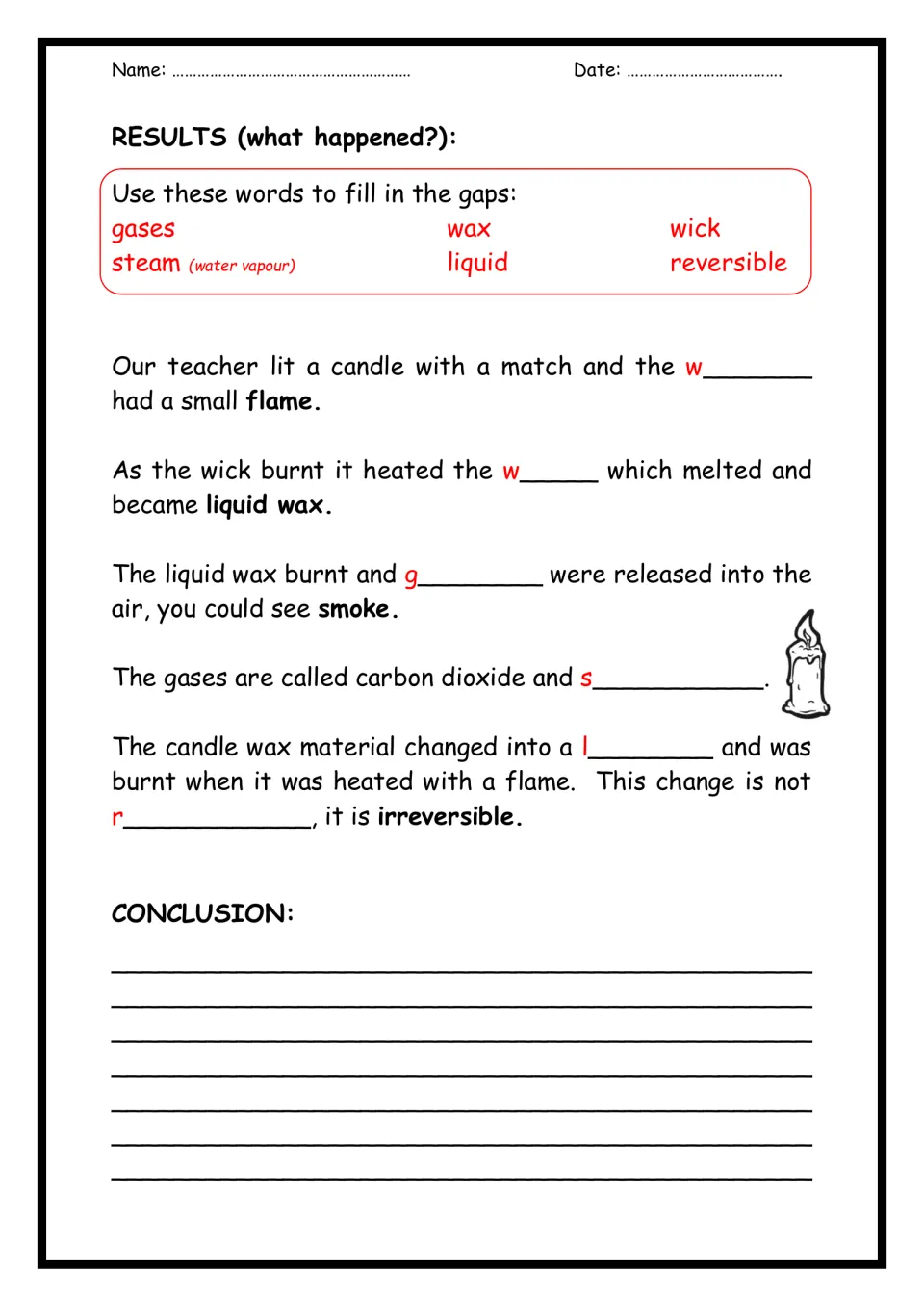 Burning wax results: students fill gaps with wick, wax, gases, steam, liquid and reversible, then write a conclusion