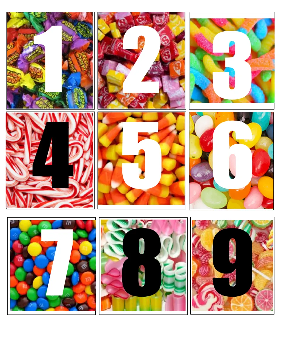 Calendar date cards 1 to 9, each a large number over a candy photo such as taffy, candy canes, candy corn and jelly beans