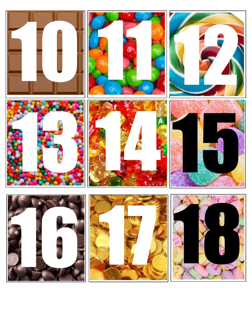 Calendar date cards 10 to 18 on candy photos: chocolate bar, lollipop swirl, sprinkles, gummy bears and candy hearts