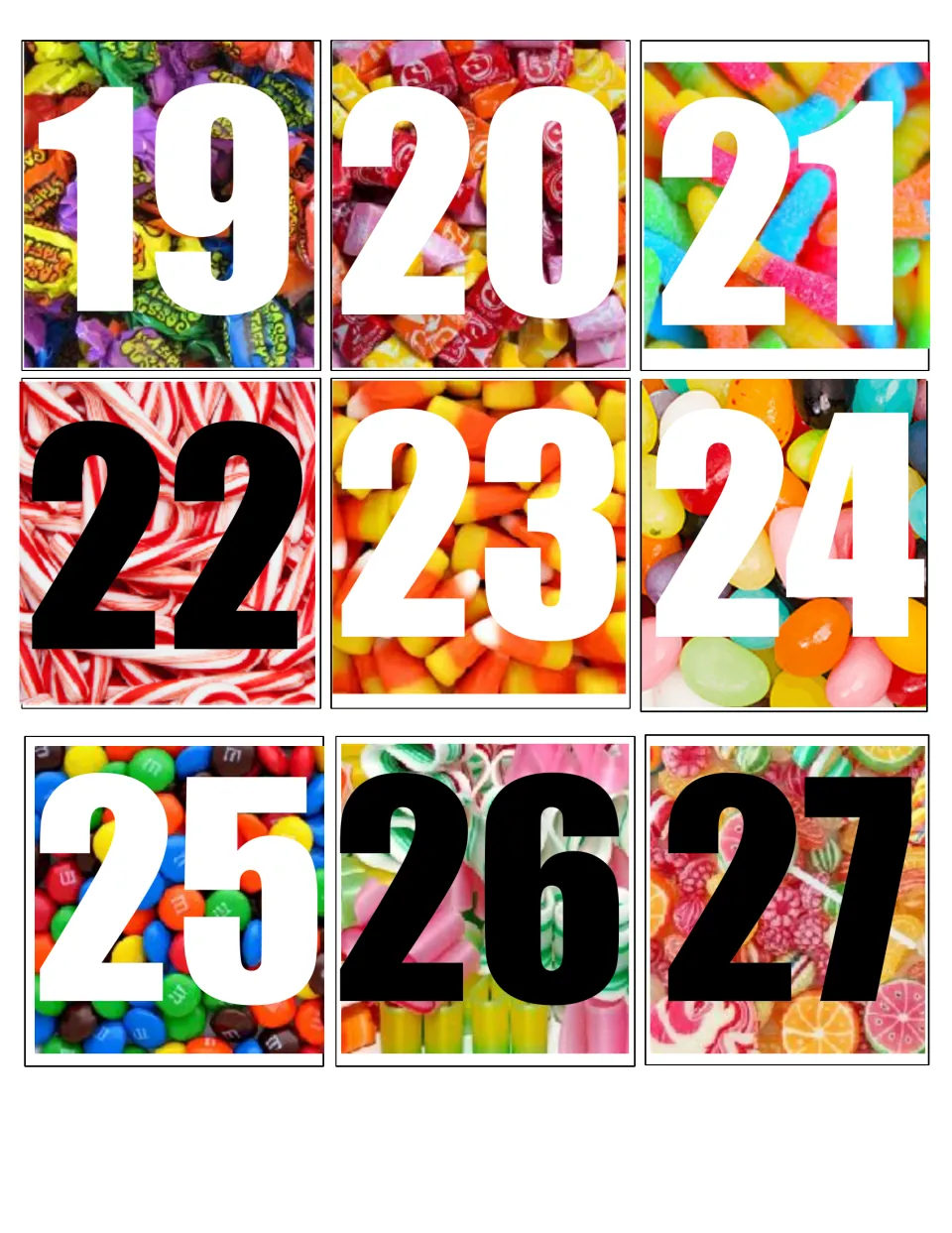 Calendar date cards 19 to 27, repeating the candy photos of the first set behind each two-digit number