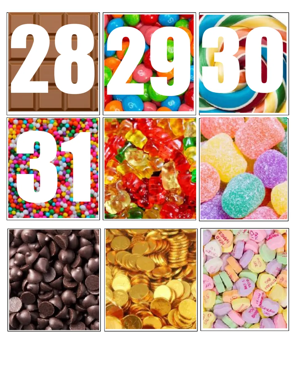 Calendar date cards 28 to 31 on candy photos, plus five unnumbered candy picture cards such as gummy bears and gold coins