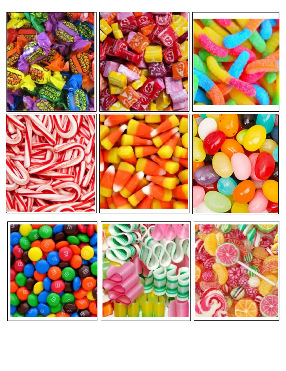 Nine unnumbered candy photo cards: taffy, fruit chews, sour worms, candy canes, candy corn, jelly beans and ribbon candy