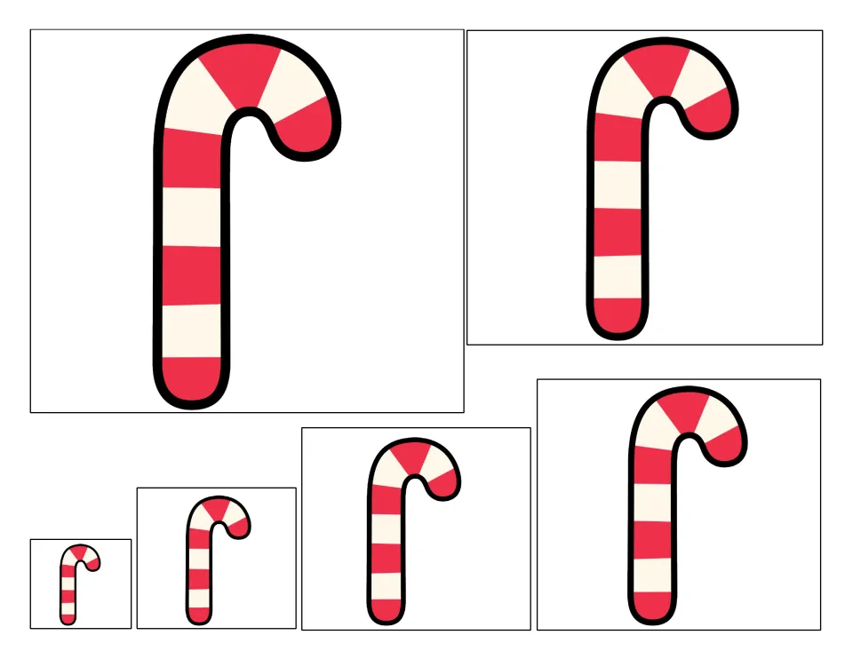 Ordering by size: six red and white candy canes from tiny to large, each on a card students can arrange in size order