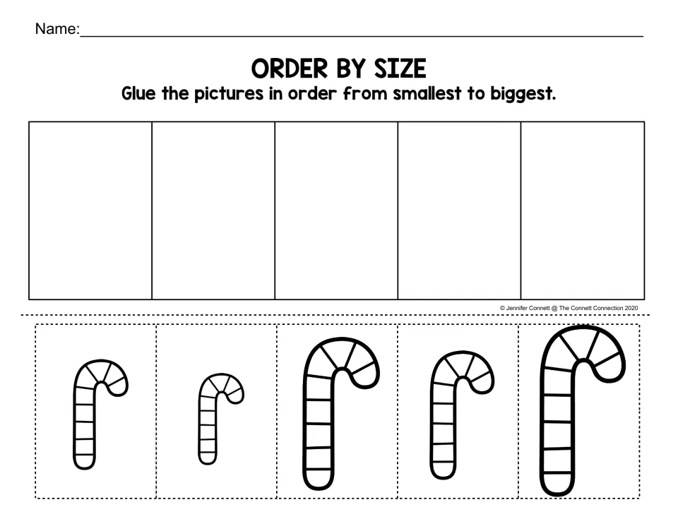 Order by size: students cut out five candy canes and glue them in order from smallest to biggest to compare lengths