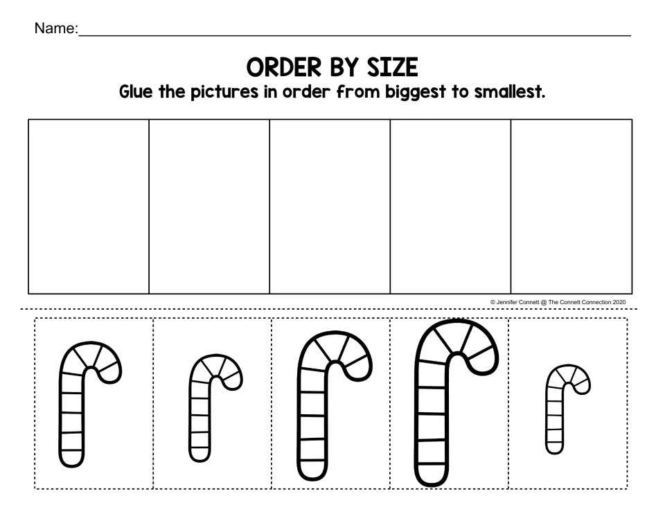 Order by size: students cut out five candy canes and glue them in order from biggest to smallest, reversing the order