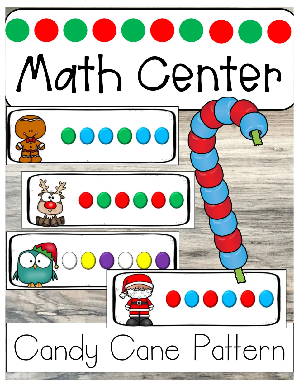 Math Center cover: Candy Cane Pattern bead cards with holiday clip art beside a red and blue beaded candy cane