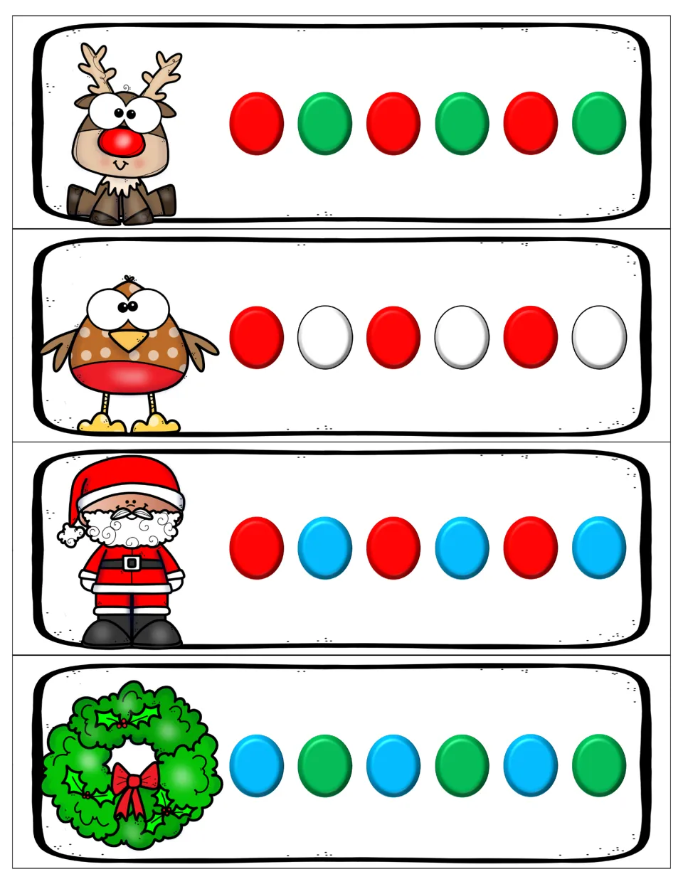 AB pattern cards: reindeer, bird, Santa and wreath each show six alternating colored beads for students to extend