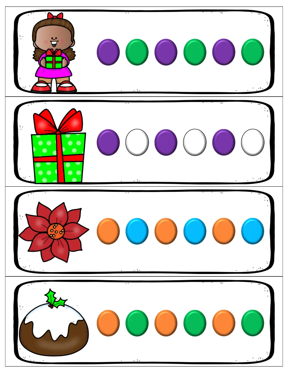 AB pattern cards: girl, gift, poinsettia and pudding cards; students extend purple-green, purple-white and orange repeats