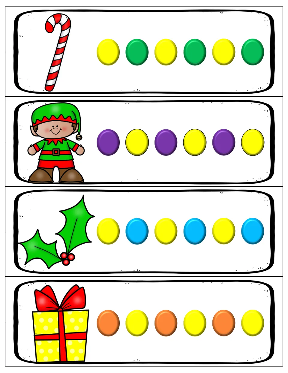 AB pattern cards: candy cane, elf, holly and gift cards; students extend yellow beads alternating with a second color