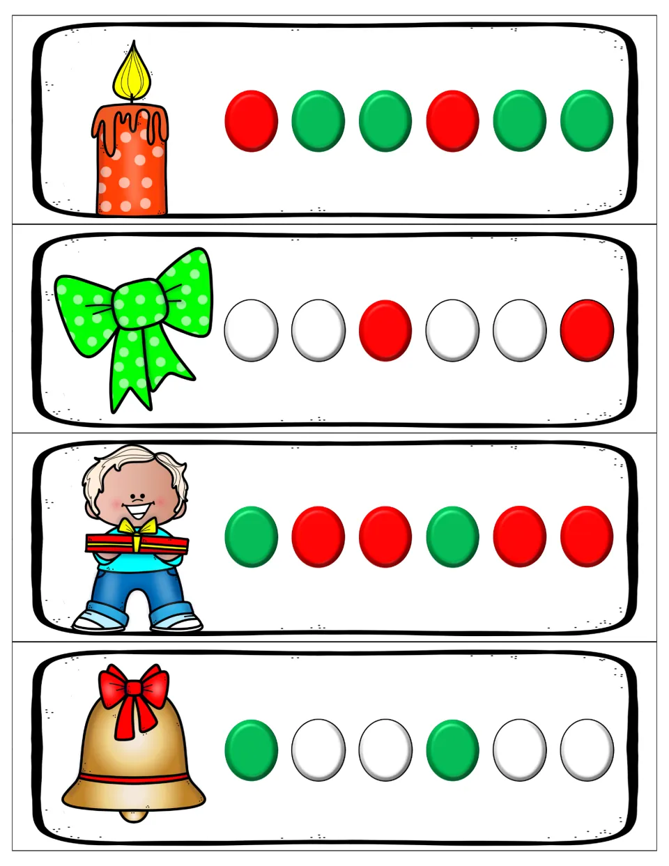 ABB and AAB pattern cards: candle, green bow, boy with gift and bell; students extend red, green and white bead repeats