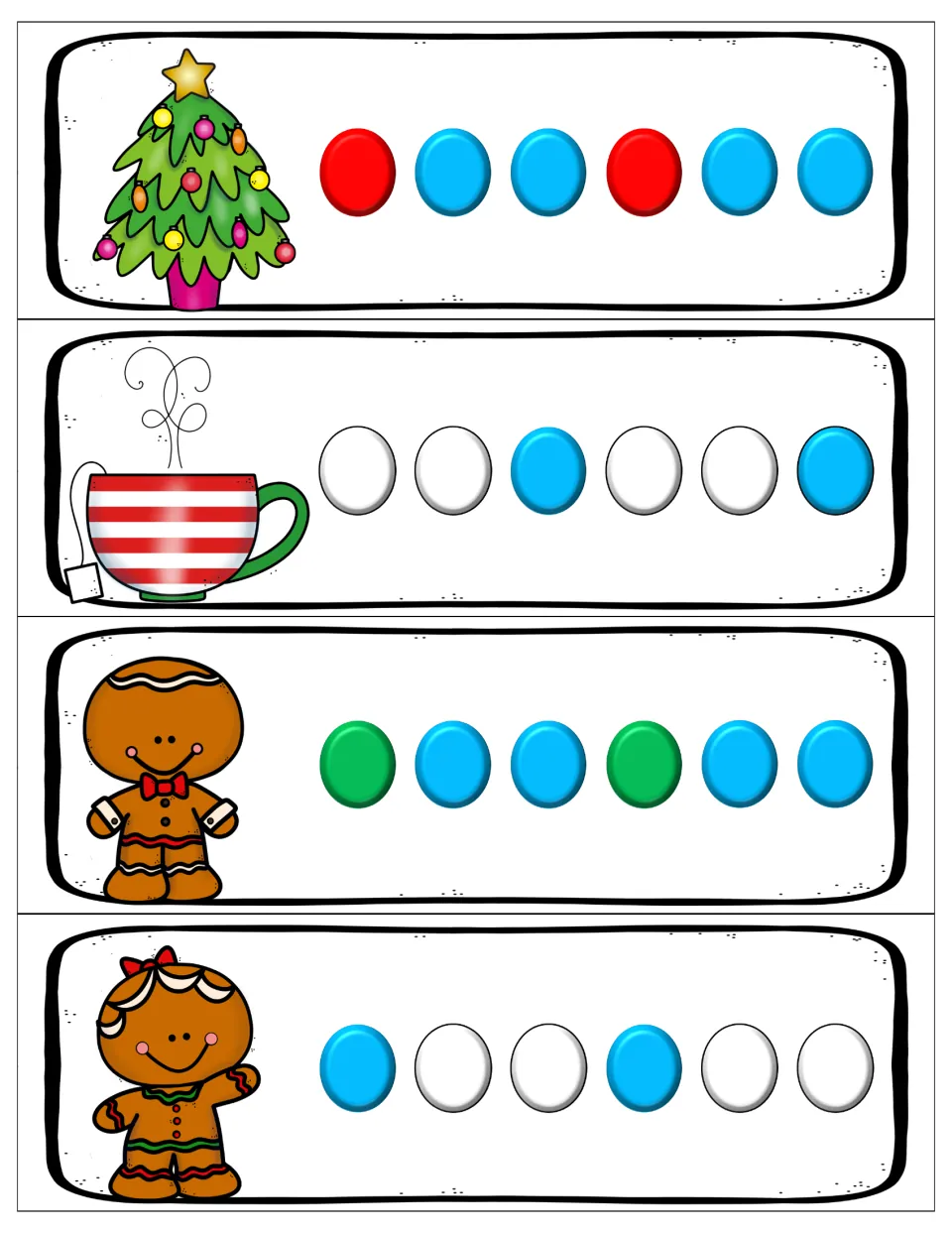 ABB and AAB pattern cards: tree, mug and two gingerbread cookies; students extend blue, red, green and white repeats