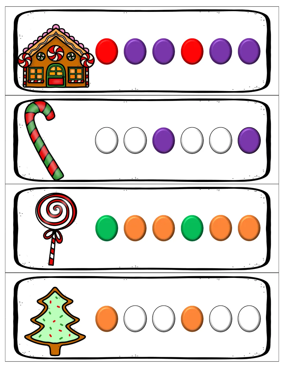 ABB and AAB pattern cards: gingerbread house, cane, lollipop and cookie; students extend purple, orange and white repeats