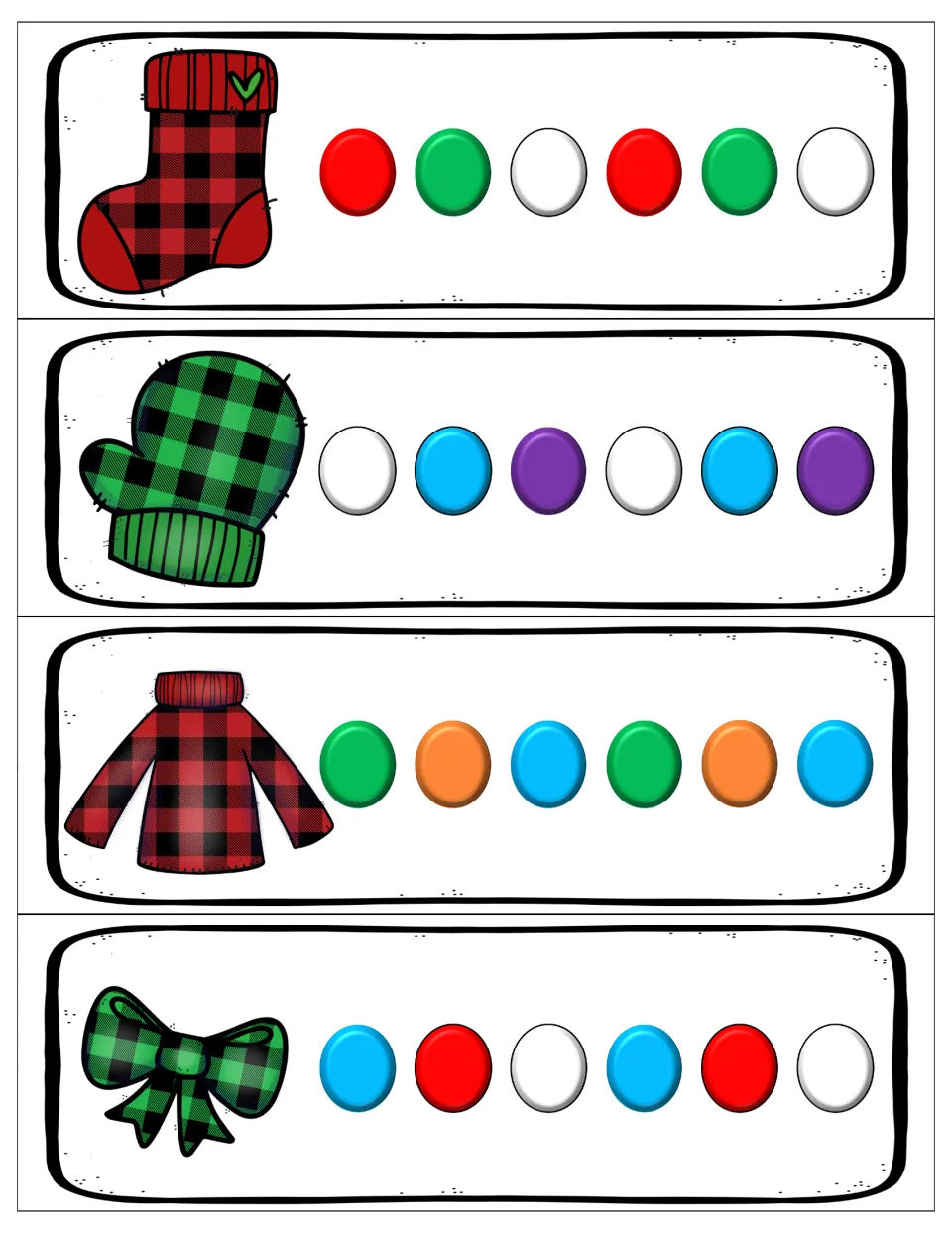 ABC pattern cards: plaid stocking, mitten, sweater and bow each repeat three bead colors twice for students to continue