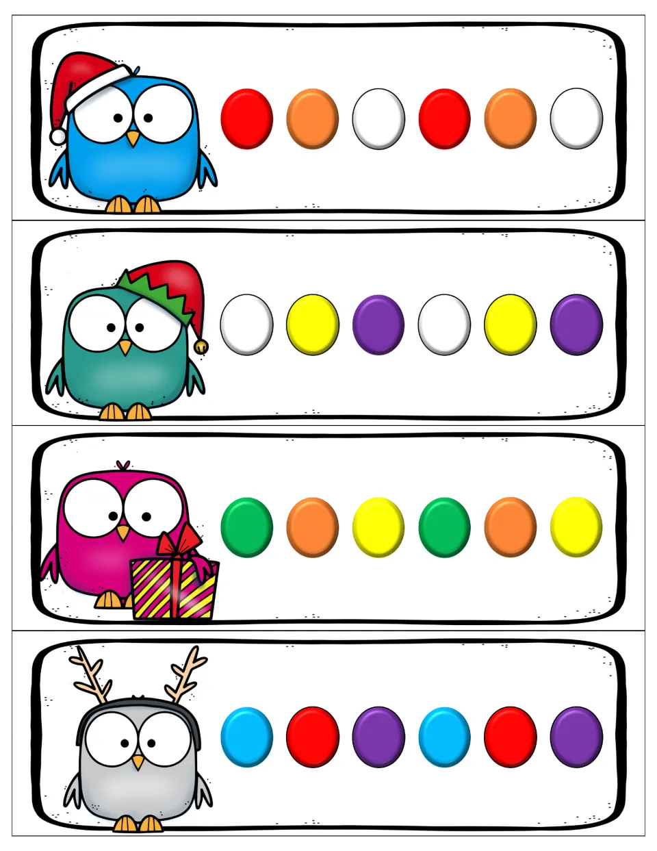 ABC pattern cards: four holiday owls in hats, with a gift or antlers; students string and extend each three-color repeat
