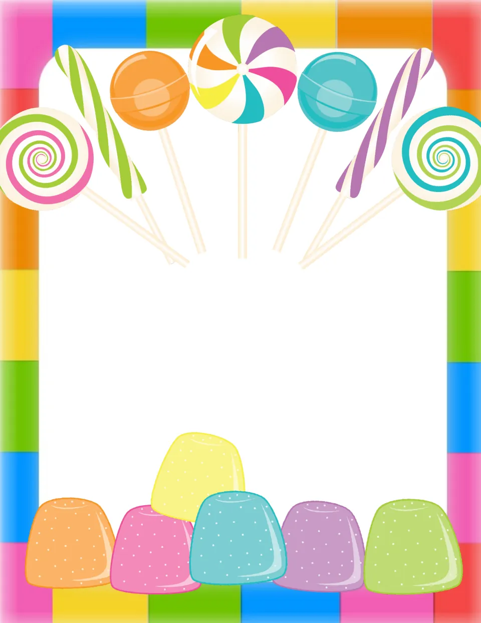 Blank candy page template: lollipops across the top and gumdrops below, with rainbow squares and open space to add text