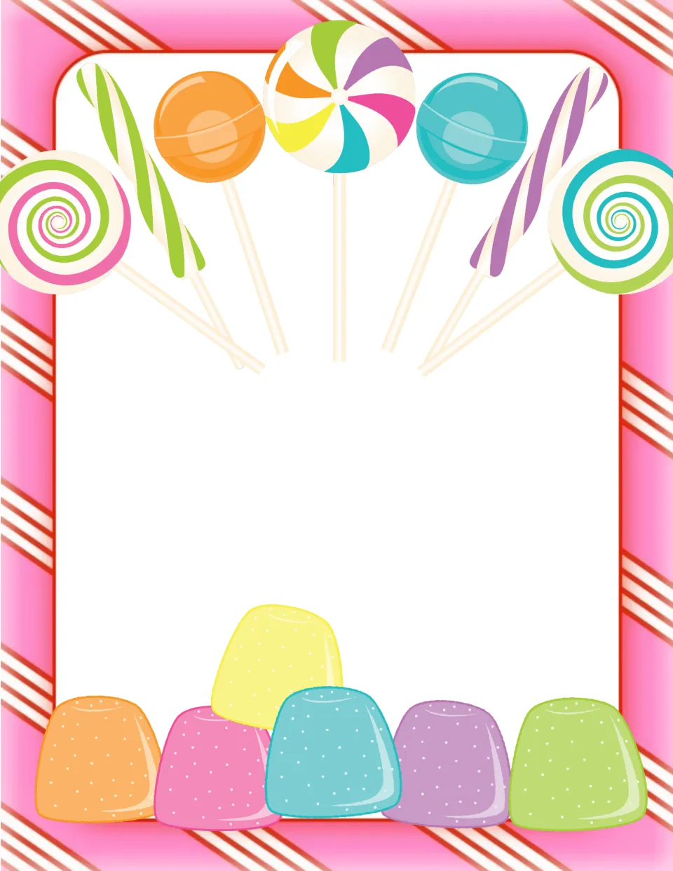 Blank peppermint-stripe template in pink with lollipops above and gumdrops below, leaving the center free for writing