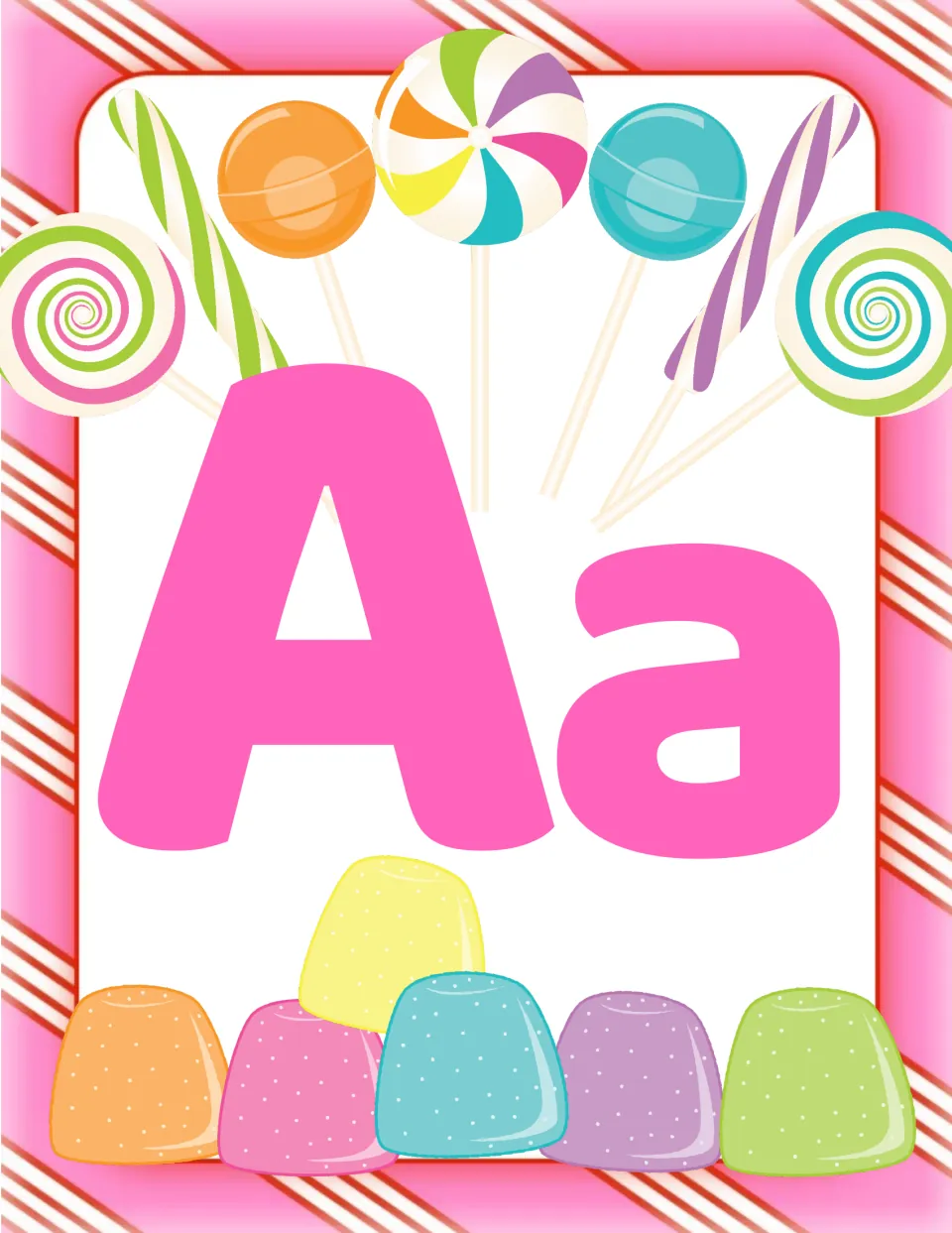 Letter Aa word wall header: large pink uppercase and lowercase A under lollipops, above gumdrops, for posting words