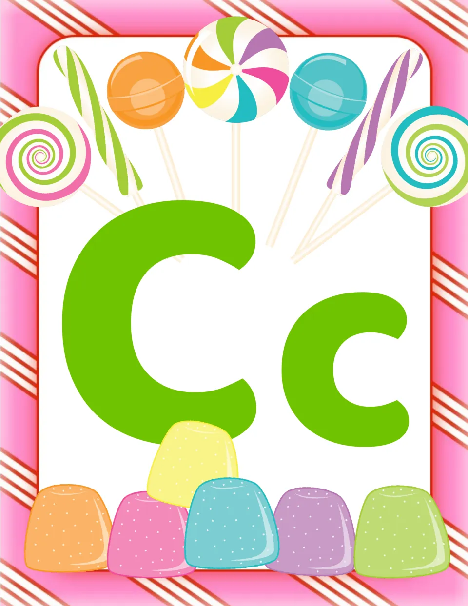Letter Cc word wall header: green upper- and lowercase C set between candy lollipops and gumdrops for the C word list