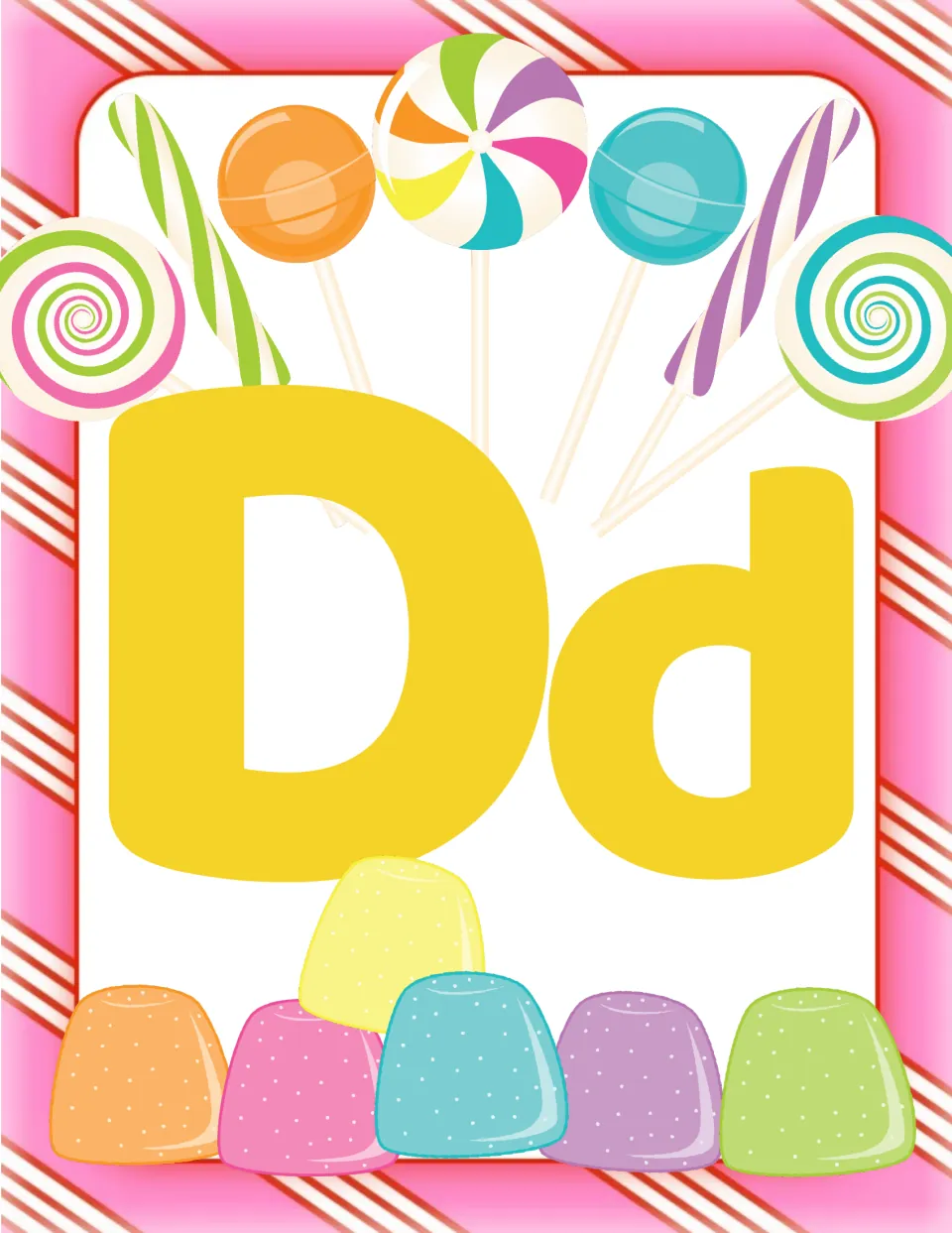 Letter Dd word wall header: yellow capital D and lowercase d on a peppermint-pink card to head the D words section