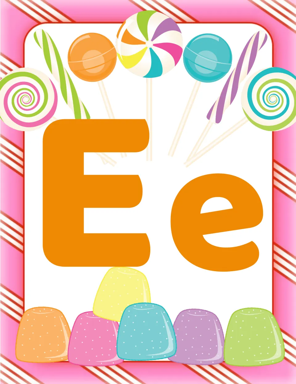 Letter Ee word wall header: orange uppercase E and lowercase e with lollipops above, marking where E words are posted
