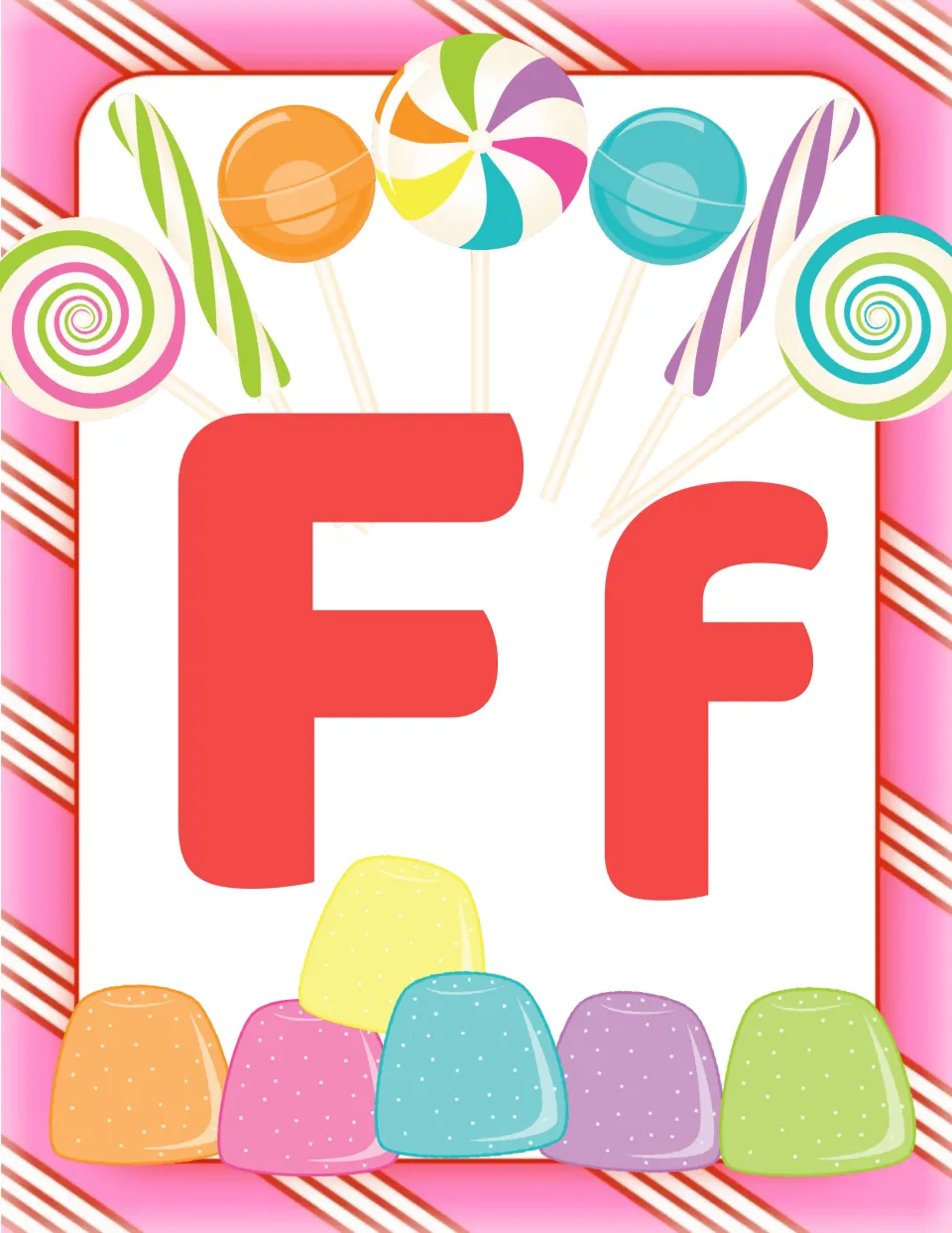 Letter Ff word wall header: red capital F and small f on a candy card with gumdrops, labeling the F word section