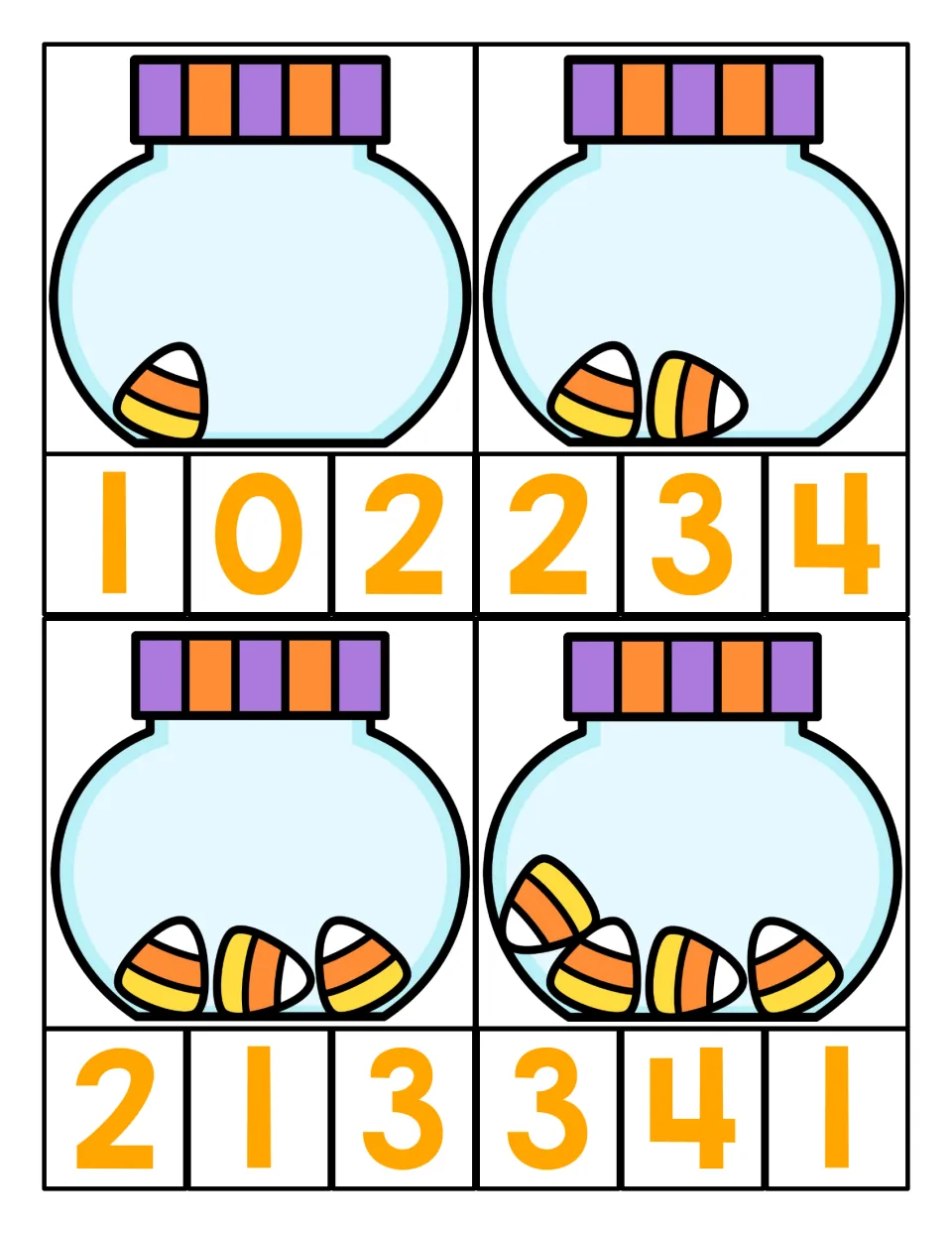 Counting 1 to 4: four clip cards show candy corn in a jar; students count the pieces and clip the matching number