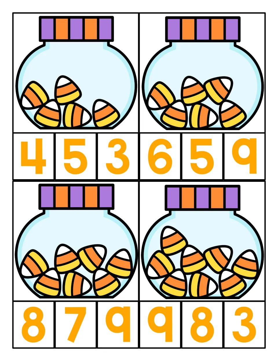 Counting 5 to 8: students count candy corn pieces in each of four jars and clip the correct number from three choices