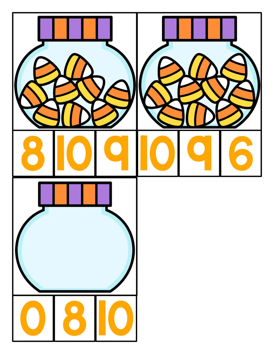Counting 9, 10 and zero: two full candy corn jars and one empty jar, each with three numbers for students to clip