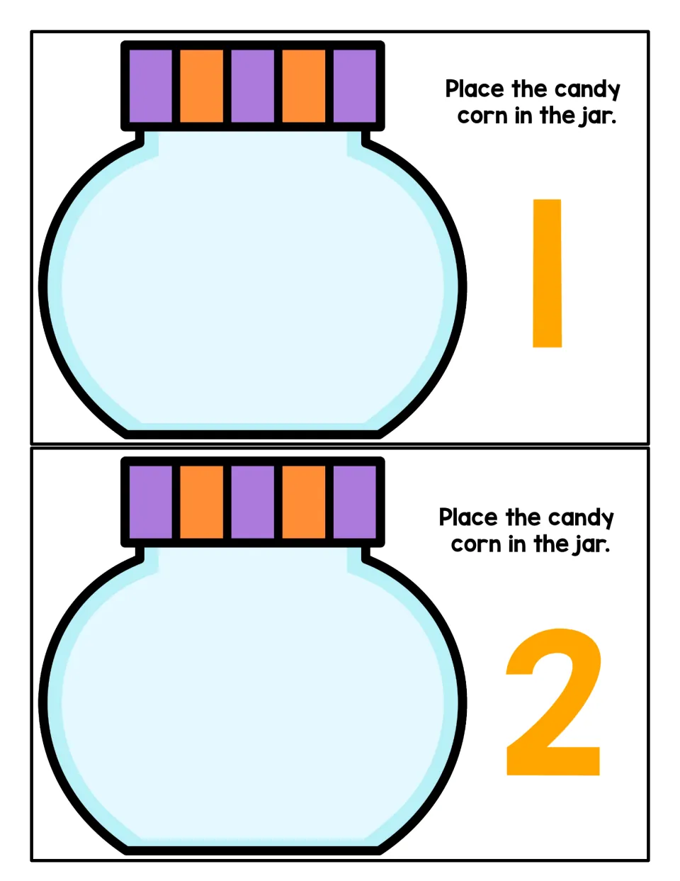 Counting to 1 and 2: two empty jar mats say "Place the candy corn in the jar" so students add that many pieces