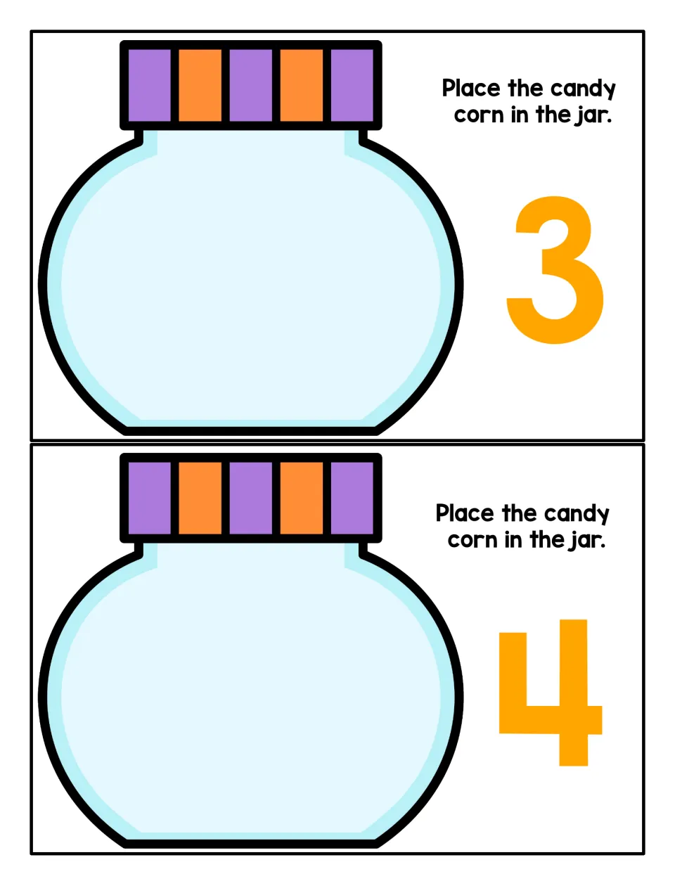 Counting to 3 and 4: students place 3 candy corn in one empty jar and 4 in the other, matching each orange numeral