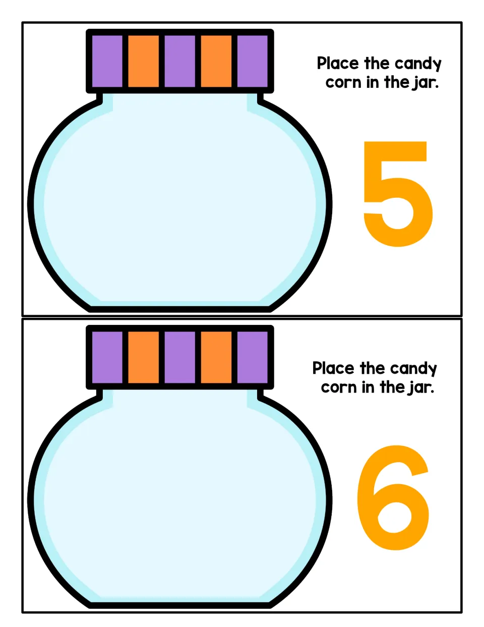 Numbers 5 and 6: two jar mats where students fill each empty jar with candy corn to show the quantity printed beside it