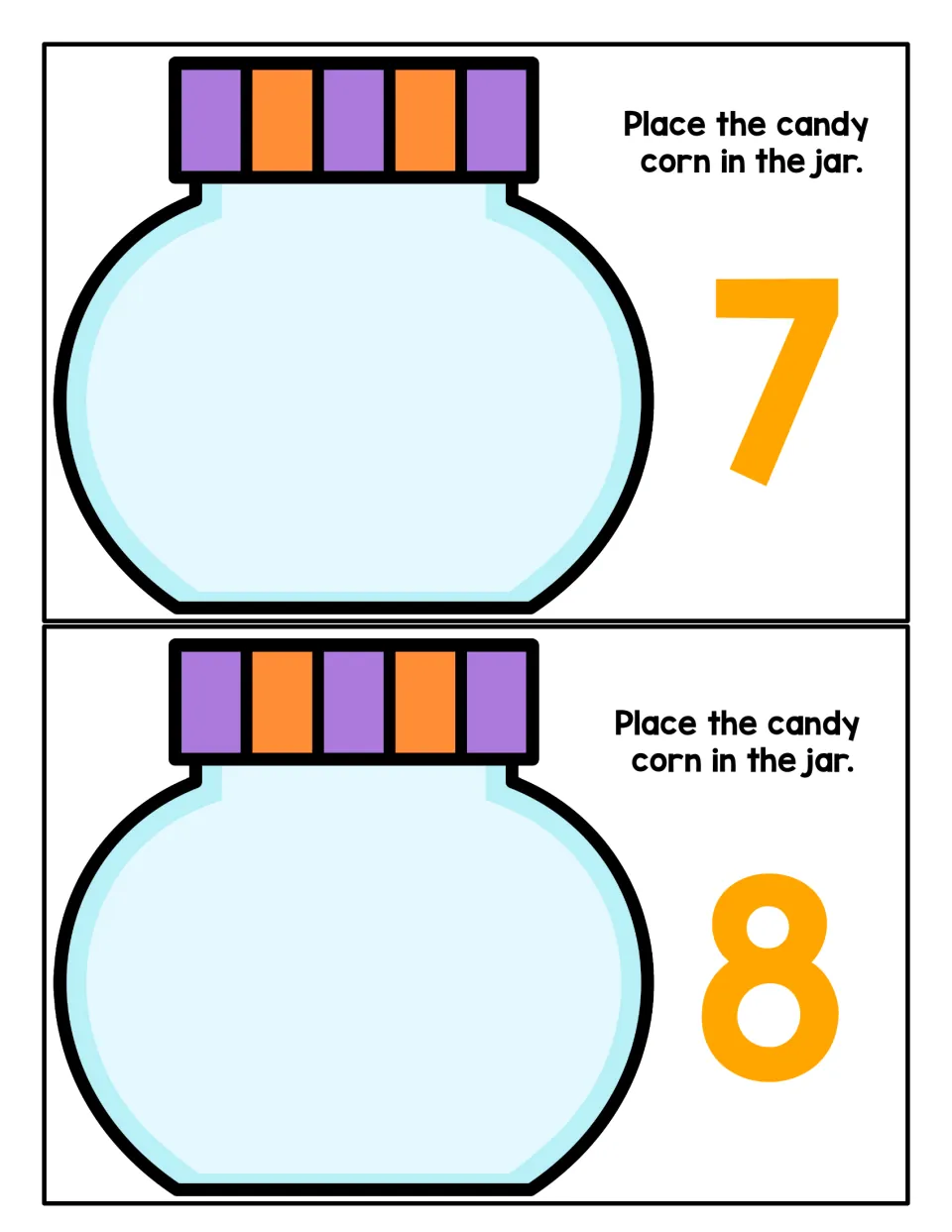 Quantities 7 and 8: students count candy corn into two empty jars to match the numerals, practising one-to-one counting