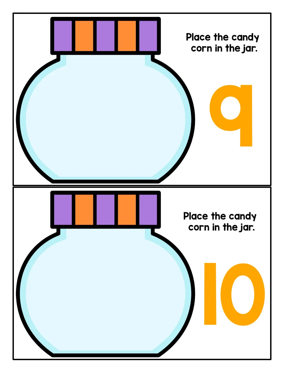 Numbers 9 and 10: the last two jar mats ask students to place 9 and then 10 candy corn in the jar to match each numeral