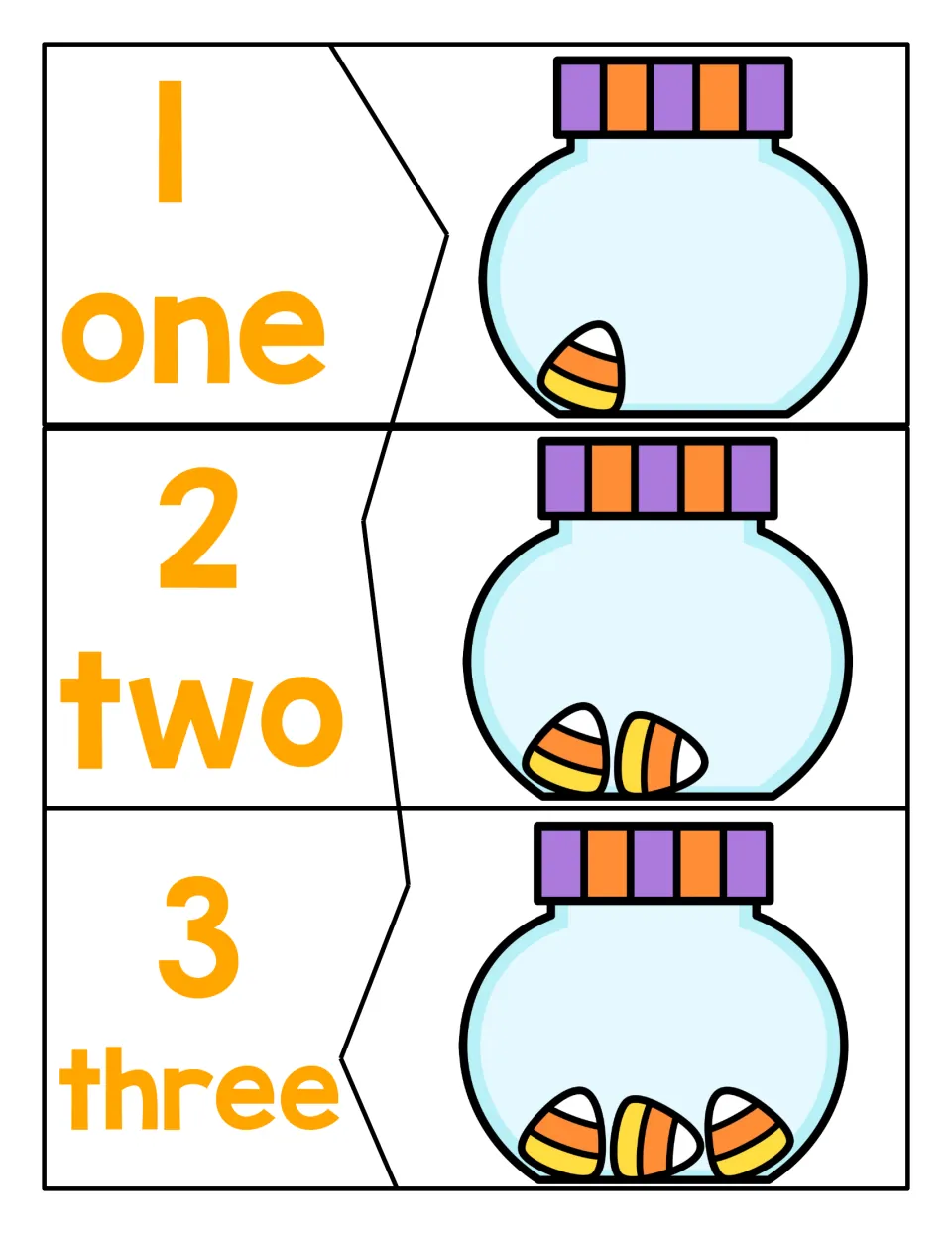 Counting 1 to 3: students match each numeral and number word to the candy corn jar holding that many candies