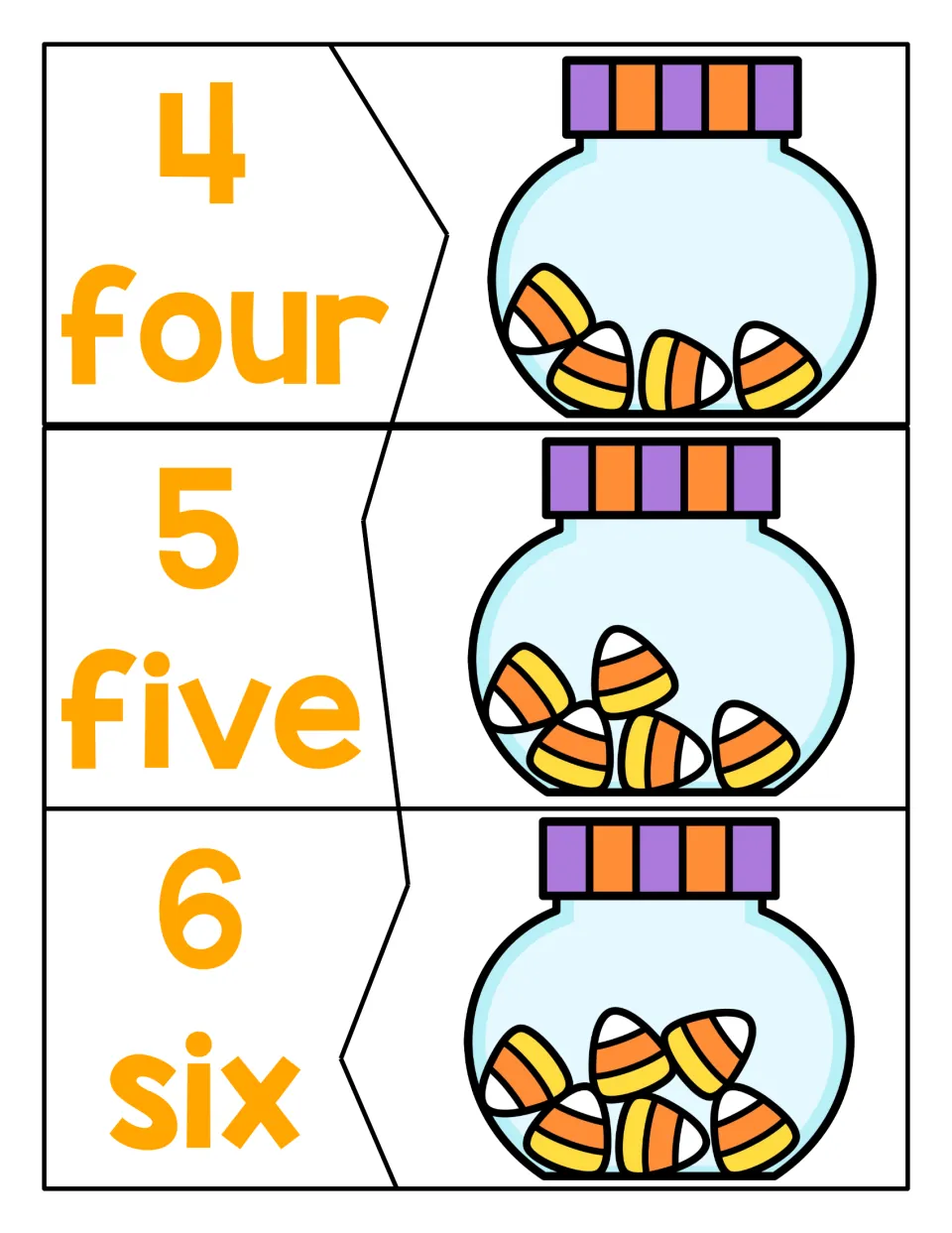 Counting 4 to 6: two-piece puzzles pair the numerals 4, 5, 6 and their number words with jars of 4, 5 and 6 candy corns