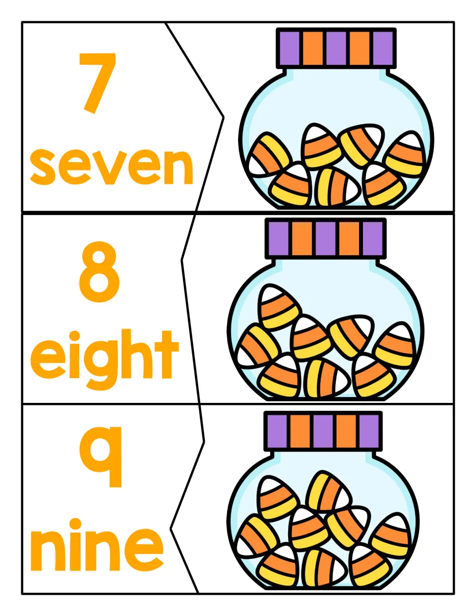 Counting 7 to 9: students count the candy corn in each jar and join it to the numeral and word seven, eight, nine