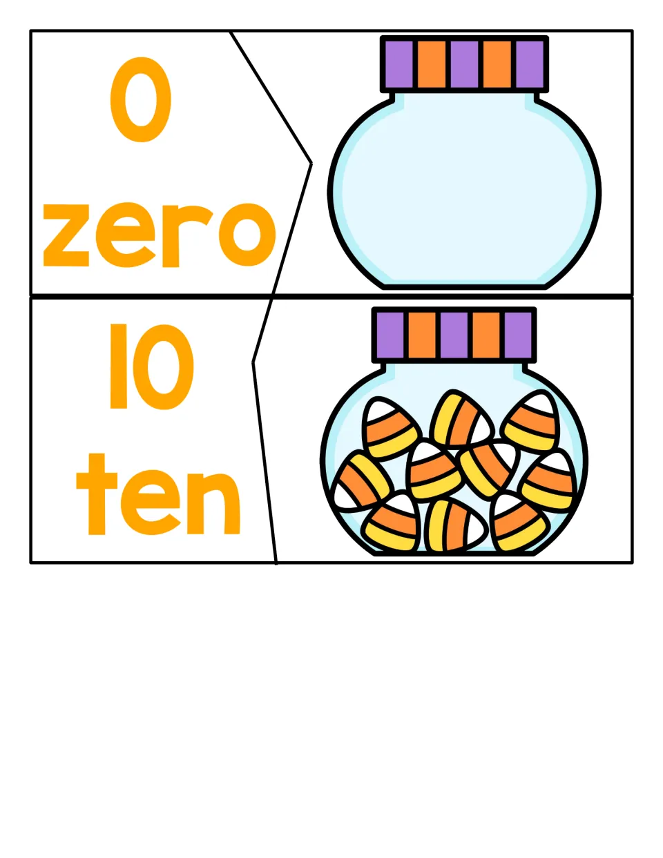 Zero and ten puzzles: an empty candy jar pairs with 0 zero and a jar of ten candy corns pairs with 10 ten for counting