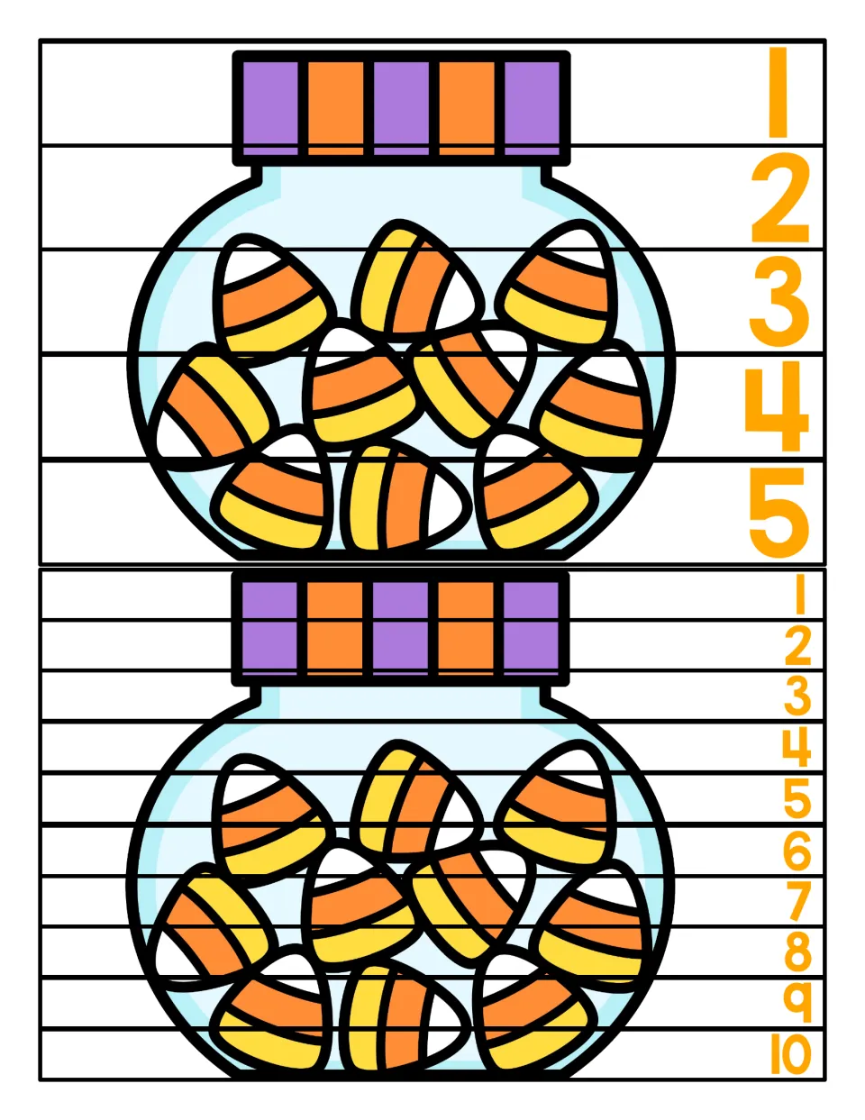 Number order puzzles: a candy corn jar picture cut into strips numbered 1 to 5 and 1 to 10 that students put in order