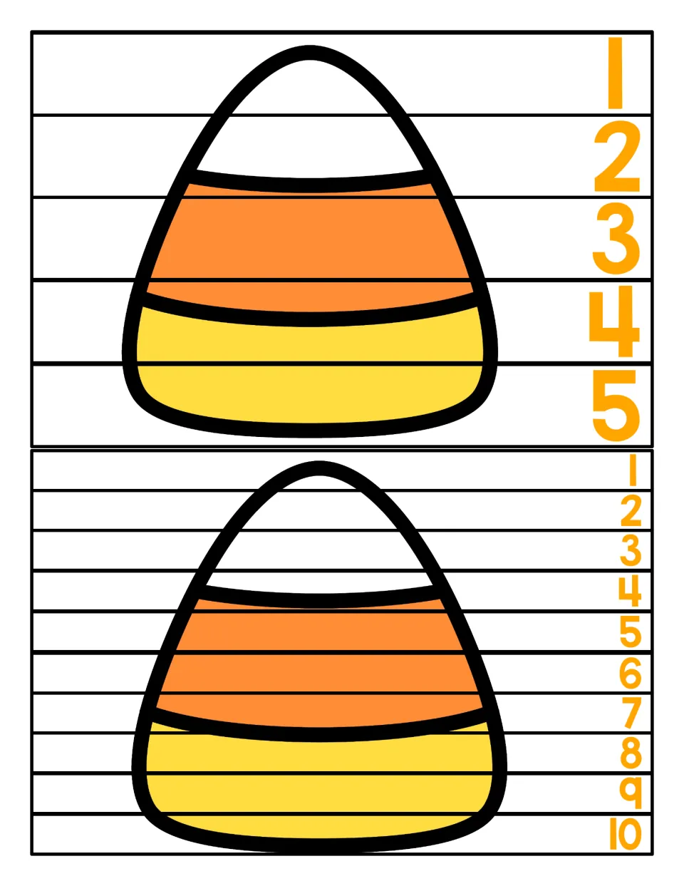 Number sequence puzzles: one big candy corn sliced into strips labeled 1 to 5 and another into 1 to 10 for ordering