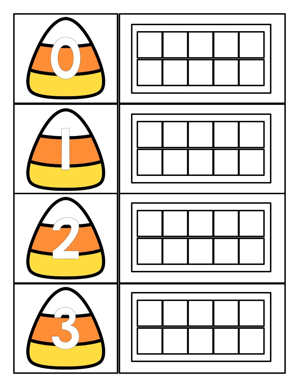 Counting 0 to 3: candy corn numeral cards 0, 1, 2 and 3, each paired with an empty ten frame for students to fill