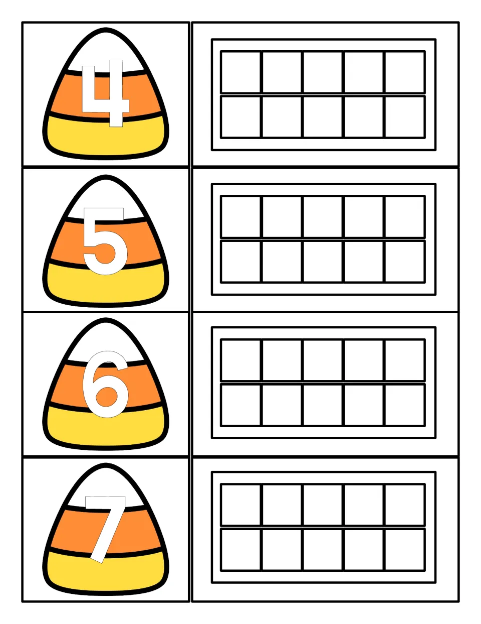 Counting 4 to 7: candy corn numeral cards 4, 5, 6 and 7 beside empty ten frames where students place matching counters