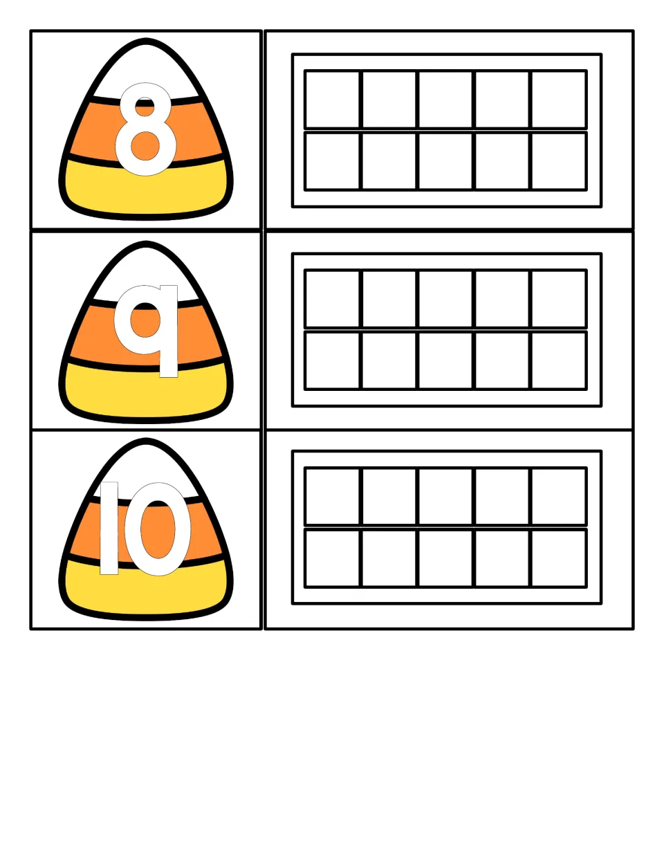 Counting 8 to 10: candy corn numeral cards 8, 9 and 10 with empty ten frames for students to show each number