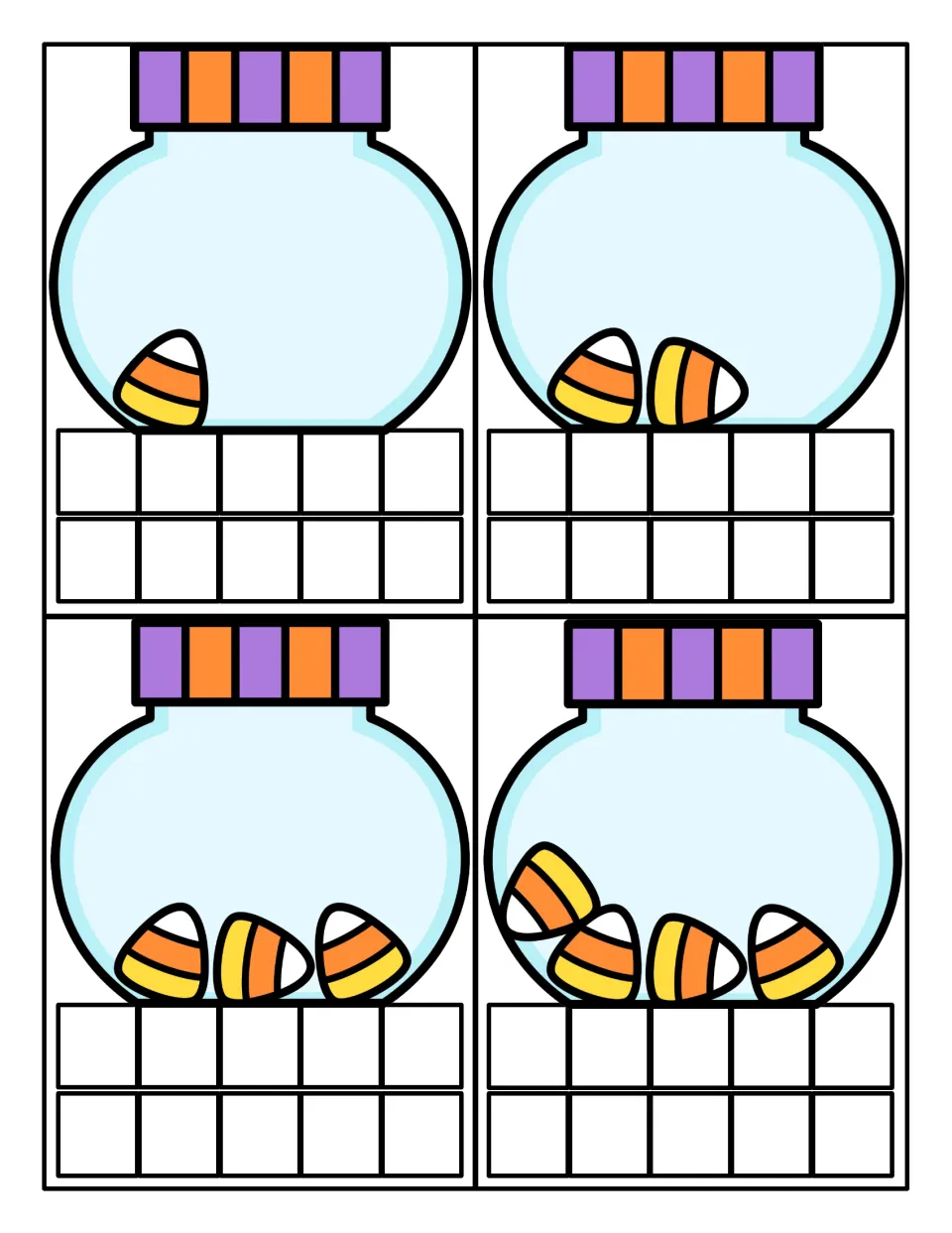 Candy jar counting cards: students count 1, 2, 3 and 4 candy corns in each jar and show the amount on the ten frame below