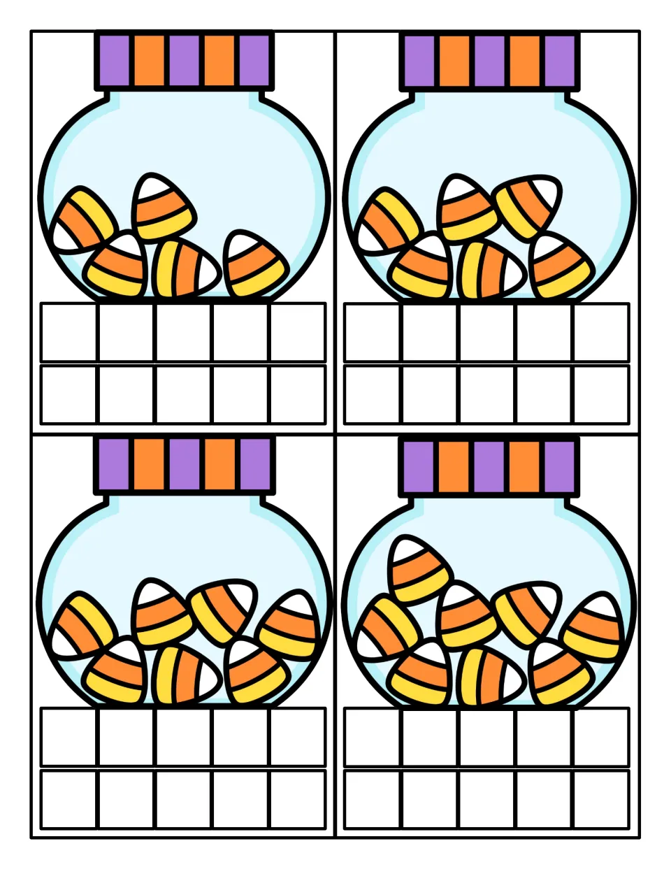 Candy jar counting cards for 5 to 8: students count the candy corns in each jar and fill the ten frame below to match
