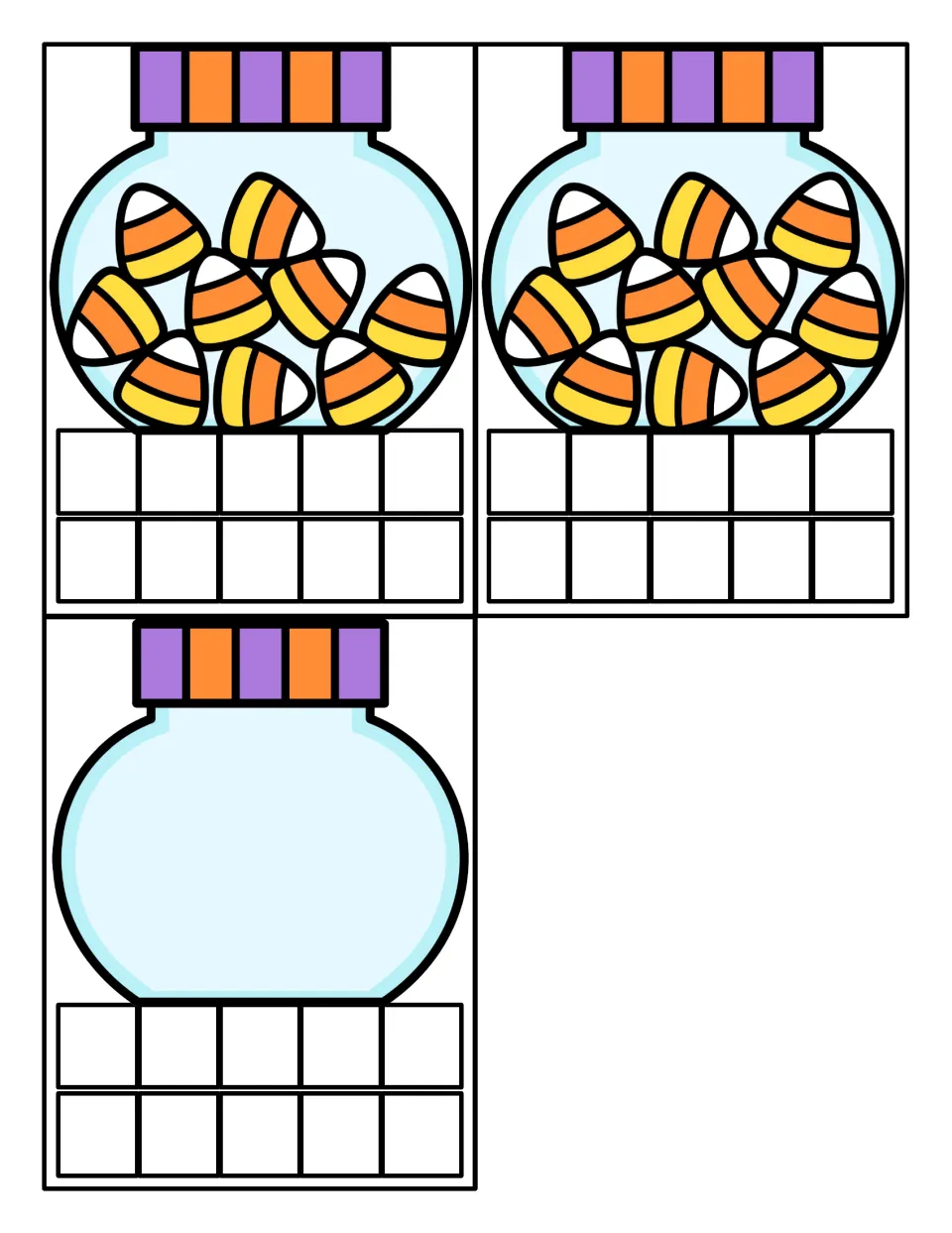 Candy jar cards with 9 and 10 candy corns plus an empty jar for zero; students count each jar and show it on a ten frame